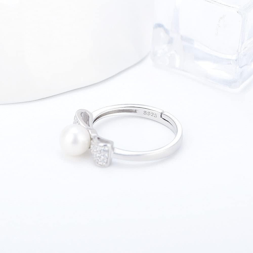 Sterling Silver CZ Bow Design Adjustable Rings for Women, Design Ring Mounts Fittings with Pearl Seat for DIY Jewelry Making - Image 5