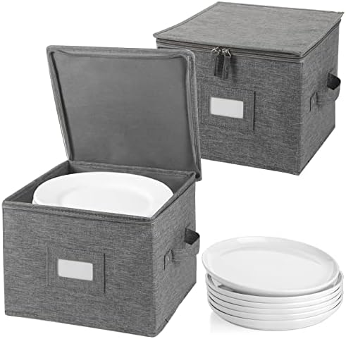 popoly China Storage Containers Inside 12" W x 8" H, Dinnerware Storage Box for Dishes Plate Storage with 24 Felt Dividers, Hold 24 Plates, Hard Shell and Stackable (2 Pack Grey)