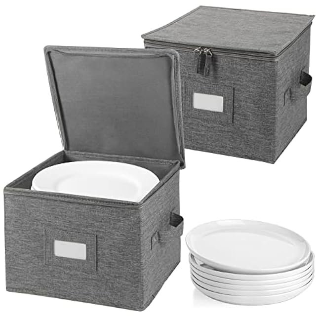 popoly China Storage Containers Hard Shell Inside 10 W x 8 H, Salad Plate Storage Containers for Dishes, Dinnerware with 24 Felt Dividers, Hold 24 Plates, Foldable and Stackable (2 Pack Grey)