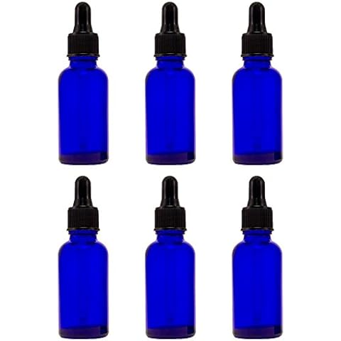 Cobalt Blue Glass Boston Round Bottle w/ Black Glass Dropper 1 oz 6 Pack Cover