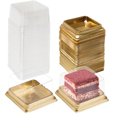 wexpw Single Clear Mooncake Box, 50 Pack Individual Mini Cupcake Boxes Container Plastic Transparent Mooncake Box Cake Cookies Muffins Box, Square Gold Cover