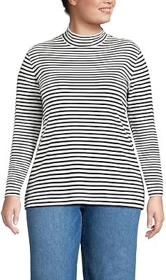 Lands' End Women's Cotton Mock Turtleneck Sweater – X-Large Black Even Stripe