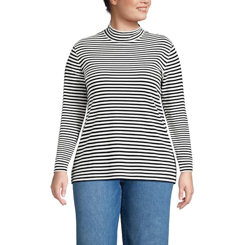 Lands' End Women's Cotton Mock Turtleneck Sweater – X-Large Black Even Stripe
