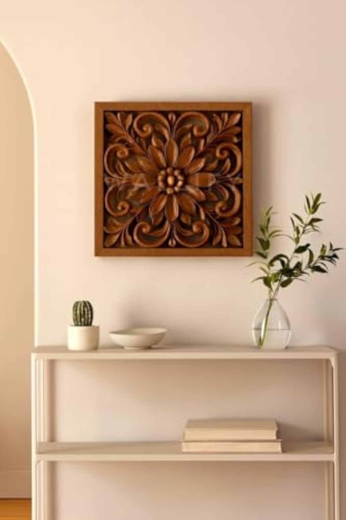 Artisan Floral Wooden Wall Decor Panel Hand-Carved