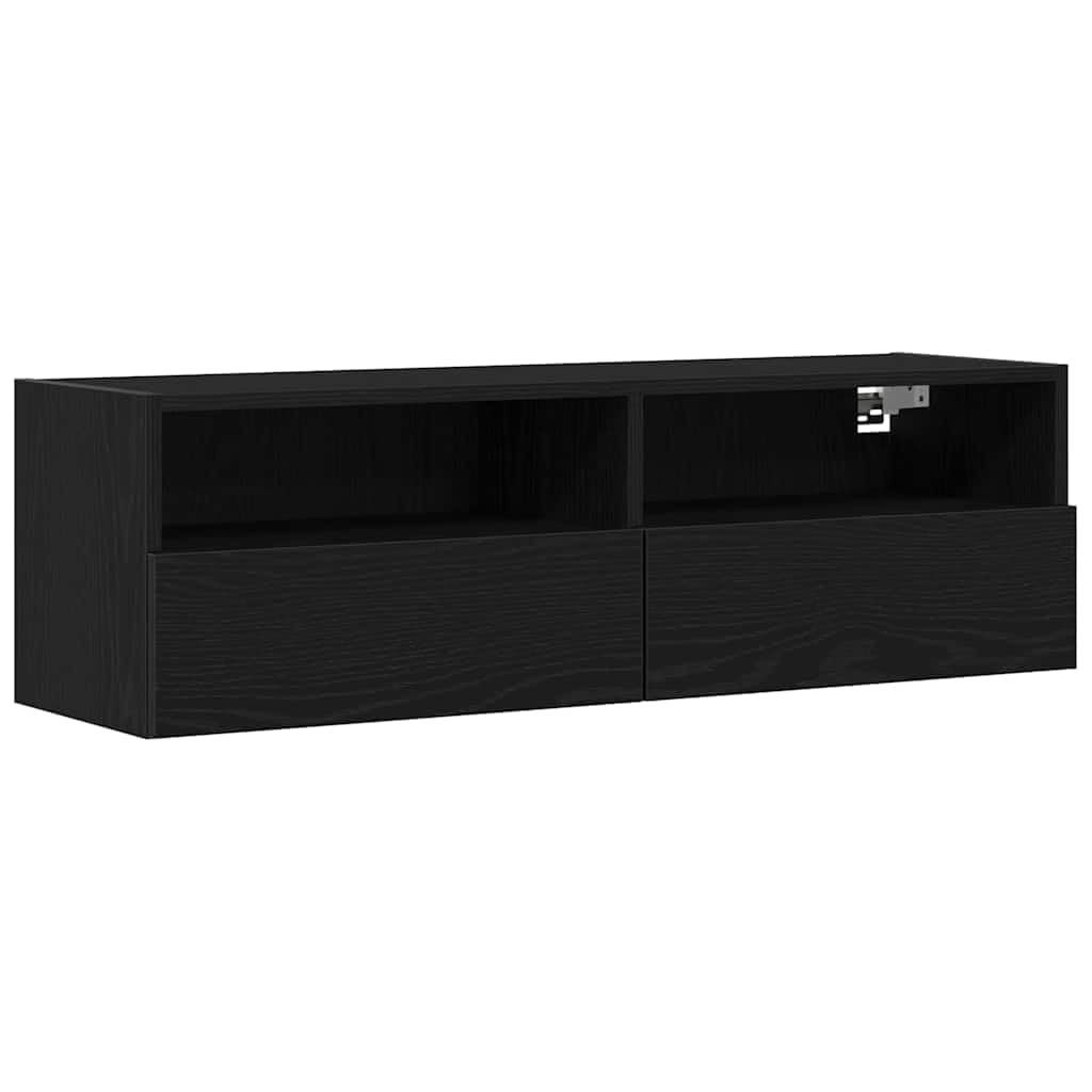 Porta TV da Parete Sospeso 2 Pz Rovere Nero Legno Ingegnerizzato | Credenza sospesa salvaspazio per il soggiorno con ante a cerniera e ripiani interni per decoder e accessori.