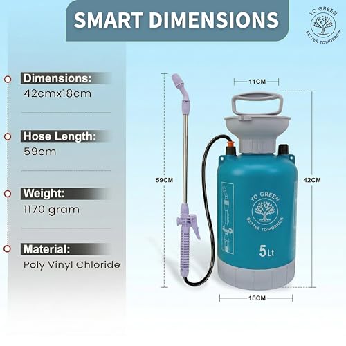 Image of Yo Green 5L Pressure Sprayer - Super Pump Spray Bottle for Gardening, Lawn & Indoor Plants, Adjustable Mist /Jet Nozzle, Durable Hand Compression Watering Can