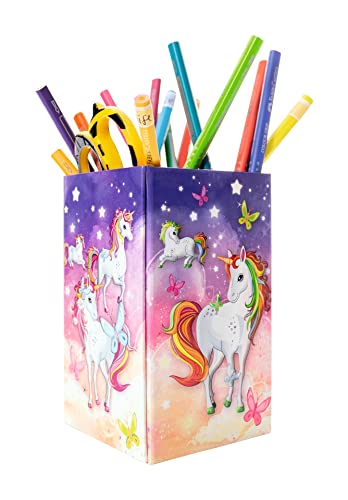 HERMA 19731 Stiftehalter mit Einhorn Motiv, faltbar, stabile Pappe, Schreibtisch Stifteköcher für Mädchen & Jungen, rechteckiger Stiftebecher für Buntstifte, Marker, Bleistifte, Make-Up Pinsel