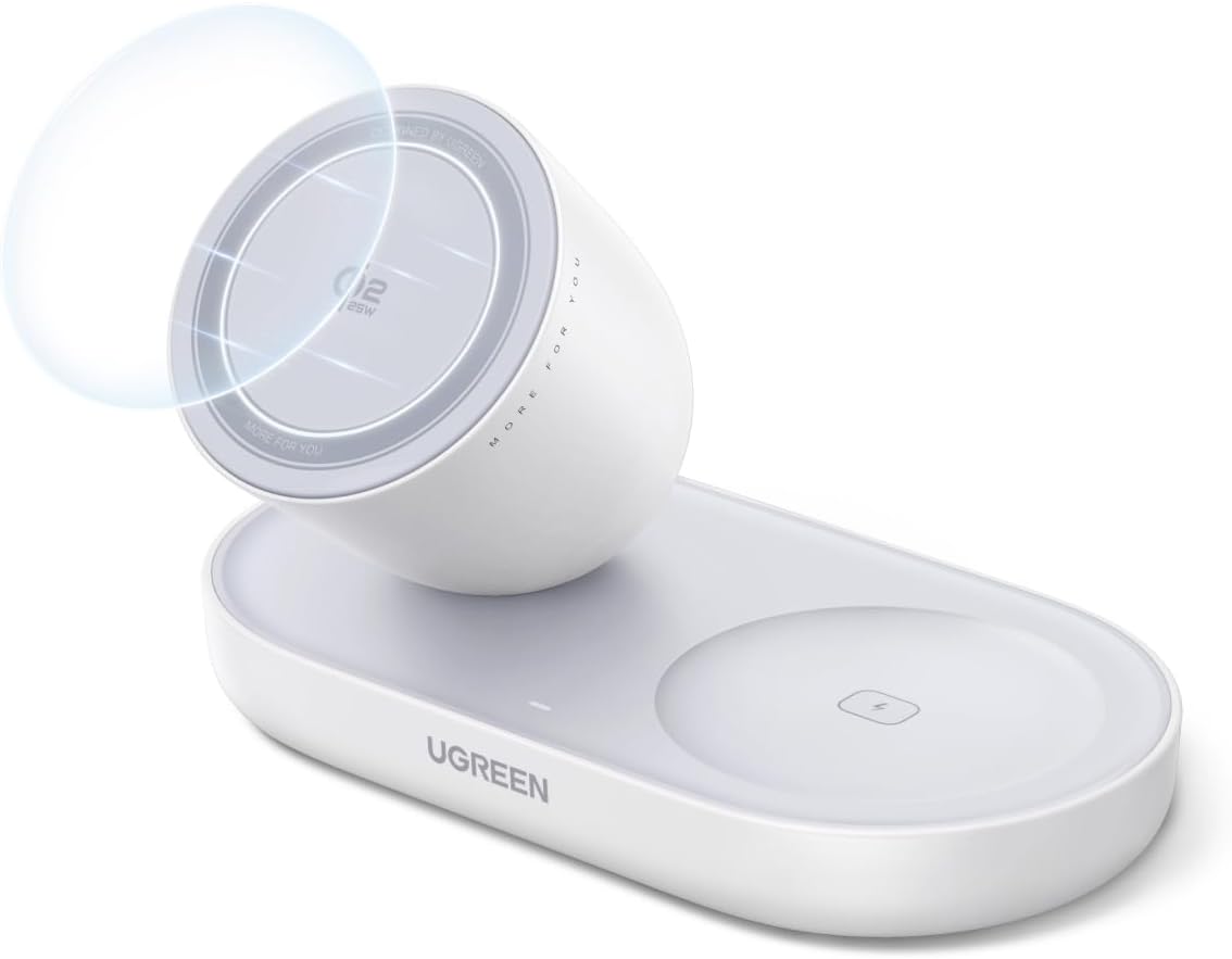 Estación de carga inalámbrica magnética 2 en 1 Qi2.2 25W | Compatible con MagSafe, base de escritorio compacta, para iPhone serie 12-17 y AirPods, blanco, adaptador no incluido