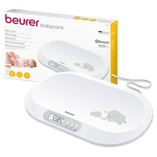 Beurer BY 90 Báscula para bebés con aplicación (iOS + Android) cinta métrica integrada, capacidad de carga de 20 kg y función de retención para bebés que dan patadas