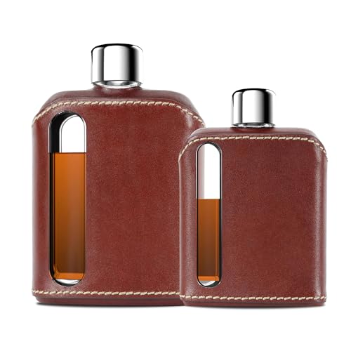 Ragproper Leather Glass Hip Flask Set – Durable Whiskey & Liquor Flasks for Men & Women, Single Shot 3.4oz (100ml) + Double Shot 8oz (240ml), Premium Genuine Leather, Ideal Glass Flask, Dark Brown