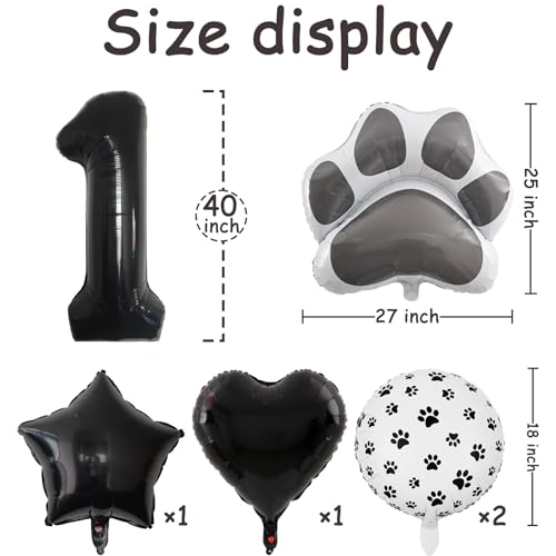 Image of 1st Birthday Dog Paw Balloons Set,18'' Paw Prints, Heart,Star,Paw Shaped Foil Balloon 40 Inch Black Number 1 Helium balloons for Puppy Themed Third Anniversary Birthday Party Decorations Supplies 6PCS