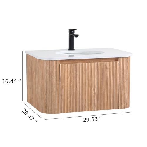 Image of 30 Inch Wall Mounted Bathroom Vanity with Ceramic Sink, Pre-Assembled Floating Vanity Cabinet with Marble Countertop, Wave Texture Finish & Drawer, Wood