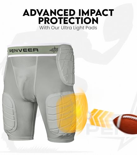 Penveer 5.0 Youth Football Girdle for Boys with Cup Pocket - Padded Compression Shorts with Integrated Hip, Thigh & Tailbone Pads for Maximum Protection (Grey, YS)