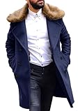 PASLTER Men's Winter Trench Overcoat Removable Faux Fur Collar Top Coat Double Breasted Business Long Pea Coat Navy