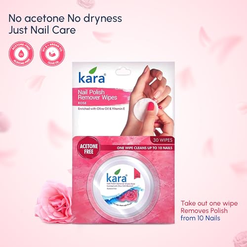 Image of Kara Nail Polish Remover Wipes Rose - 30 Pulls (Pack of 6)| Travel-Friendly | Enriched with Olive Oil & Vitamin E | Acetone Free | One Wipe Cleans 10 Nails
