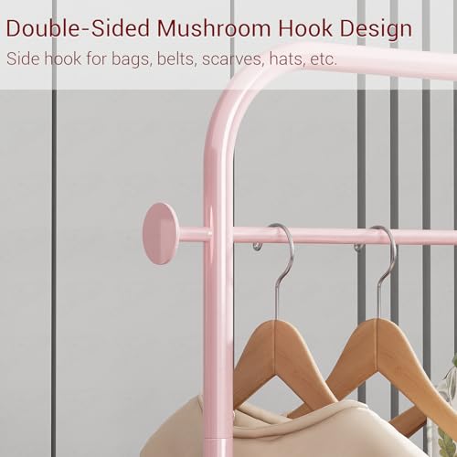 Image of Lukzer | MGR-009 | Pink | Metal Clothes Rail Stand with 360 Rotating Wheels & Leather Storage Bin - 4 Hook Garment Rack Organizer for Bedroom, Closet, Laundry Room, Dormitory | 171 x 75 x 35 cm
