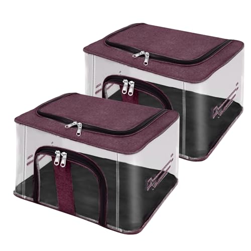 Image of Storite 2 Pack Nylon 33 L PVC Transparent Moisture Proof Storage box for Clothes Closet Wardrobe Organizer for Clothes Saree Bags with Carry Handle (Vivid Red, 44L x 31W x 24H cm)