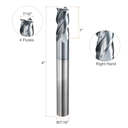 Image of HARFINGTON Carbide Square Nose End Mill Bit 7 /16 inch Cut Dia 4 Flutes TiAlN Coated Milling Cutter for Hardened Steel Metal (7 /16 inch Shank 1 inch Cut Length 4 inch Long 30 Degree Helix HRC53-55)
