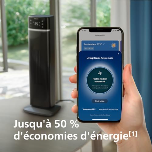 Philips Radiateur soufflant connecté Série 5000, 2000W, jusqu’à 50 % d’économies d’énergie, 4 modes, affichage température, 5 sécurités, oscillation 60°, silencieux, noir/gris (CX5120/11)