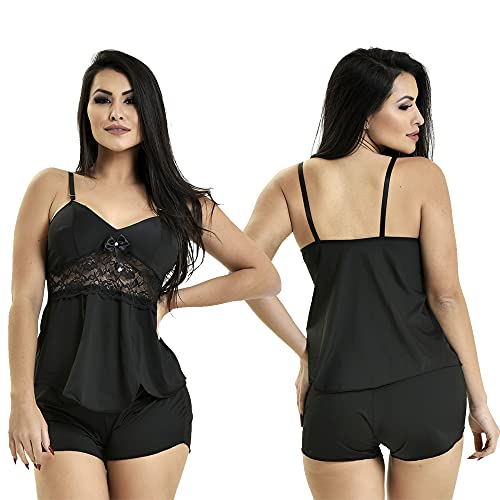 Baby Doll Microfibra Romance Luxo Renda Preto Tamanho:G;Cor:Preto;Gênero:Feminino