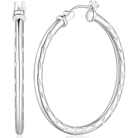 DIVAS MODE Hoop Earrings Sterling Silver Hoop Earrings for Women Large Silver Hoop Earrings Dot-like Engraved Pattern Earrings Silver 35mm*2.5mm Cover