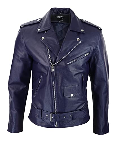 TruClothing.com Chaqueta de cuero real para motocicleta con cremallera cruzada para hombre, azul marino, M Cover