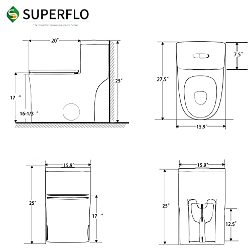 Superflo One Piece Toilet Elongated Comfort Height Toilets, Standard 12" Rough-In & 0.8/1.28 Gpf Dual Flush, Siphonic Flush Small Toilets For Small Bathroom With Side Holes #TOP3