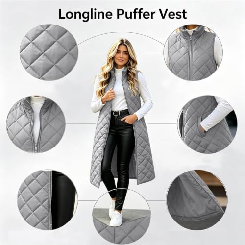Women Long Quilted Vest Stand Collar Full Zip Puffer Jacket with Pockets - image 4