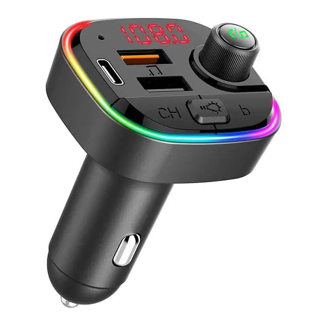 UGMA PRODUCTS® Bluetooth FM Transmitter for Car, Hands Free Calling, Dual Screens Display, QC3.0 & USB-C PD 20W Quick Charger & 7 Colors LED Backlit Car Radio Bluetooth Adapter, Support USB Disk