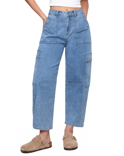 GRAPENT Women's High-Waisted Stretchy Barrel Leg Denim Cargo Pants - Western Crop Balloon Jeans in Bay Blue, Size 8 to 10