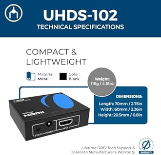 Orei UltraHD 4K @ 60 Hz 1 X 2 HDMI Splitter 1 in 2 Out 2 Port 2: 8-Bit - HDMI 2.0, HDCP 2.0, 18 Gbps, EDID, Duplicate/Mirror 4K Screens - UHDS-102