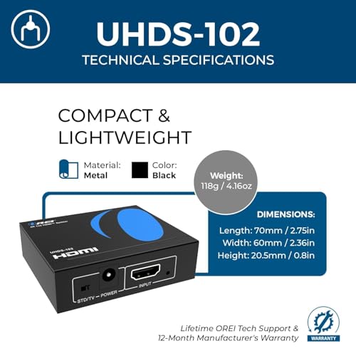 Orei UltraHD 4K @ 60 Hz 1 X 2 HDMI Splitter 1 in 2 Out 2 Port 2: 8-Bit - HDMI 2.0, HDCP 2.0, 18 Gbps, EDID, Duplicate/Mirror 4K Screens - UHDS-102