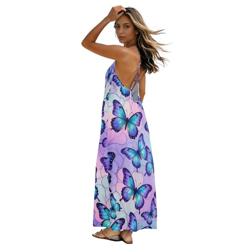 Robe caraco dos nu papillons bleu violet taille M pour femme au style décontracté