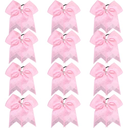 Hipcheer 12PCS 8" Rhinestones Large Cheer Hair Bows for Girls, Hand-made Grosgrain Ribbon Hair Accessories for Teen Girls Softball Cheerleader Sport (Light Pink)