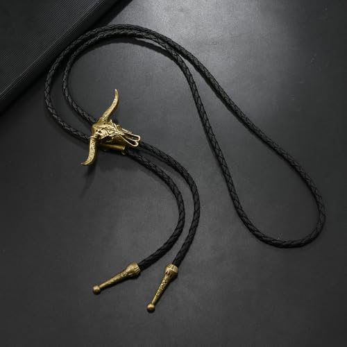 Image of Joxevyia Bolo Tie for Men Vintage Cow Skull Leather Rope Western Cowboy Necktie Vintage Bola Tie Gift for Him