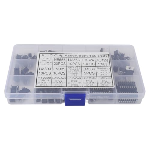 Walfront Kit Surtido de Chips de Circuito Integrado XL, 150 Piezas con Optoacopladores, Temporizadores y Osciladores, Caja de Almacenamiento de Plástico Práctica y Segura, Ideal para