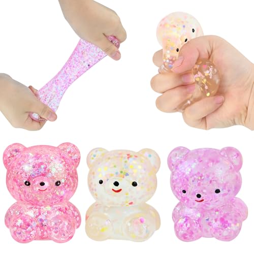 KATIMI 3 Stück Bärenförmiger Stressball Kinder, Bären Anti Stress Bälle Spielzeug Squishy, Handübung Antistressball Kinder, TPR Quetschball für Entspannung Angst Fidget Spannung (3 Farben)
