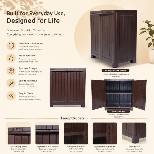 Image of 2.4 Ft x 2.1 Ft Storage Plastic Cupboard | 1 Year Warranty | Free Standing Cabinet | (Finish Color - Brown, Door Type- Hinged, DIY(Do-It-Yourself)) | (1 Shelf)