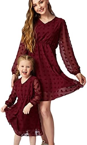 YMING Mommy and Me Matching Chiffon Dresses V Neck Solid Color Dr...