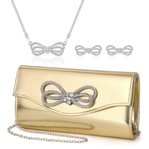 DETARA 3 Pieces Evening Rhinestone Jewelry Set Crystal Bow Clutch Purse for Women Bling Bow Necklace Earrings Set for Wedding Party Prom (Gold BSET.3)