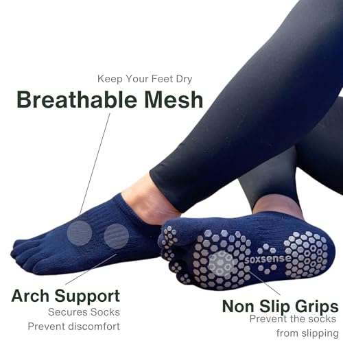 Soxsense Pilates Grip Toe Socks for Women & Men, Cushioned Low-Cut Five Finger Socks Non Slip for Yoga, Barre, Gym2