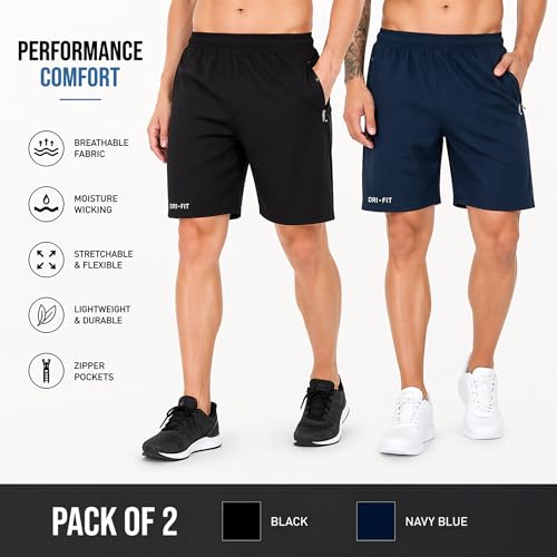 Image of BLUE STAR SHARK Athletic Sports Shorts for Men with Zip Pockets and Elastic Waistband Quick Dry Lightweight Activewear Combo - Pack of 2