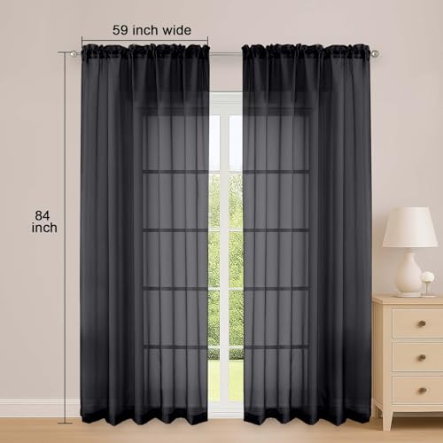 Image of OWENIE Sheer Curtains 84 Inches Long 2 Panels Set, Black Sheer Curtain for Living Room Bedroom, Modern Filmy Rod Pocket Curtains Drapes, 2 Pcs, Each 59 W x 84L, Black