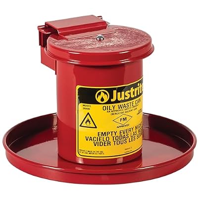 Justrite 0.45 Gallon Galvanized Steel Mini Countertop Oily Waste Can, 10.5 x 7 Metal Oil Rag Safety Can with Hand Operated Self-Closing Lid for Oily Rag Disposal, Made in The USA, Red, 09400