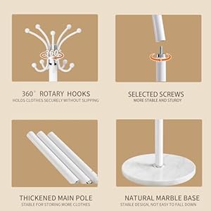 Metal Heavy Duty Coat Rack Stand, Modern 360° Roraty Freestanding Coat Rack with Natural Marble Base, White Coat Racks Hall Tree Hanger Stand with 16 Hooks for Entryway, Office Metal Heavy Duty Coat Rack Stand Modern 360 Roraty Freestanding Coat Rack with Natural Marble Base White Coat Racks Hall Tree Hanger Stand with 16 Hooks for Entryway Office