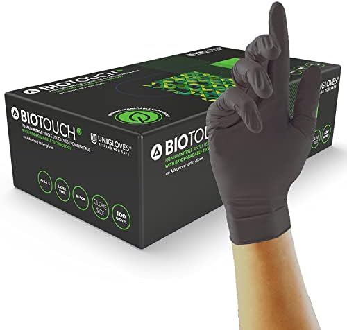 Unigloves BioTouch Nitrile Disposable Gloves - Biodegradable, Multipurpose, Medical Grade Examination Gloves - Box of 100 Gloves, Black, Medium (GM0093)