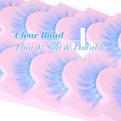 Colored Eyelashes Wispy Clear Band 3D Lashes With Color Natural Fluffy Mink Lashes Blue Christmas Cosplay Fake Eyelashes, 6 Pairs #TOP3