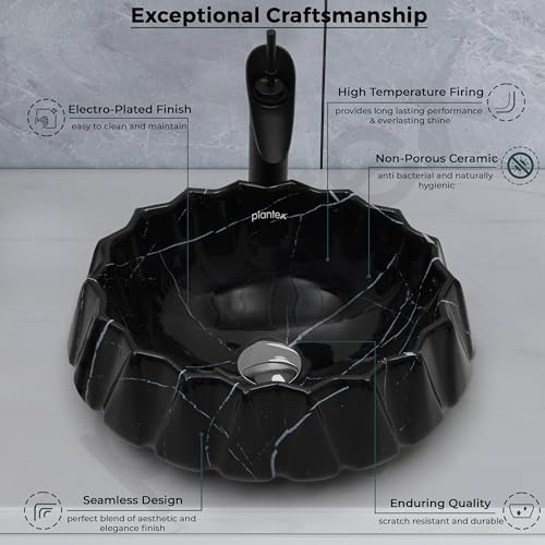 Image of Plantex Ceramic Basin for Bathroom /Table Top Wash Basin /Washbasin for Living Room /Restaurant (Marble Finish, 17 x 15 x 6 Inch)