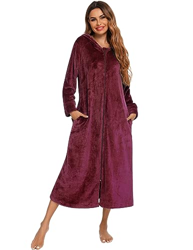 Veseacky Women's Long Sleeve Zip Flannel Hooded Loose Fit Warm Robe Wine Red XXL