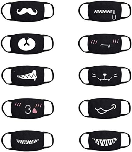 Labeol 10 Pack Black Cartoon Funny Teeth Pattern Mask Cat Kawaii Anti Dust Face Mouth Mask (10 Pack)